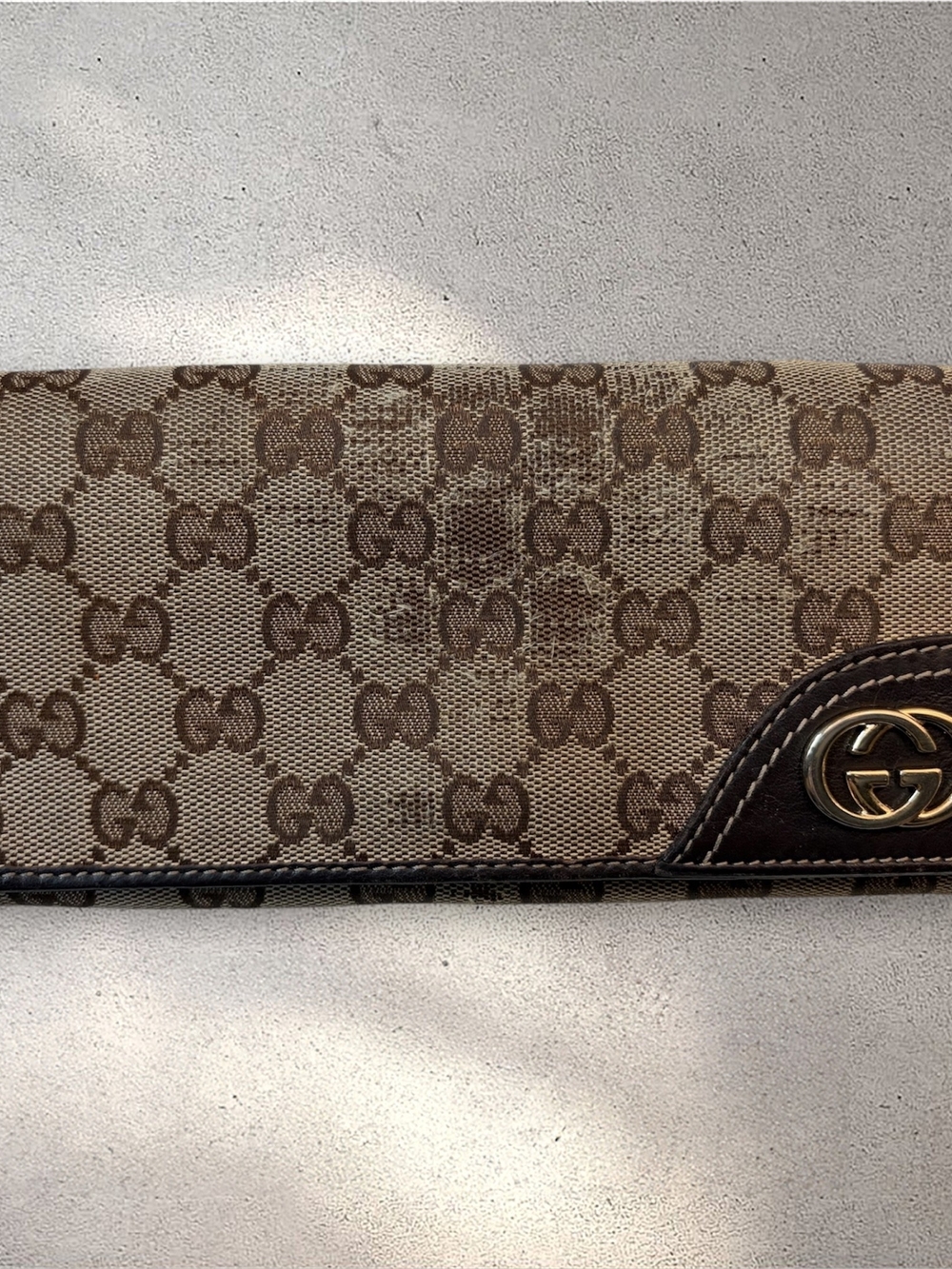 Gucci GG Canvas Continental Long Flap Wallet Interlocking G Brown Leather